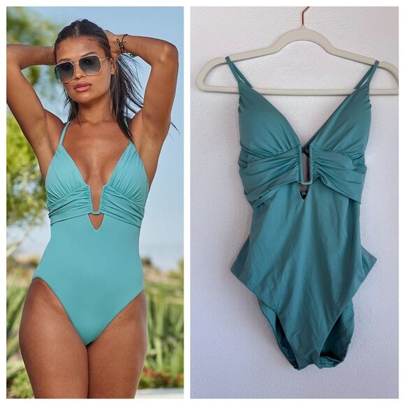 NWT BECCA by Rebecca Virtue Color Code Bristol Plunge One-Piece in Mineral Blue - Picture 1 of 14